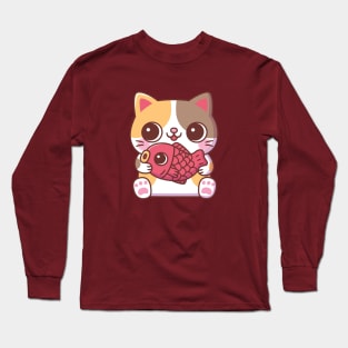 Cute Cat With Red Carp Fish Long Sleeve T-Shirt